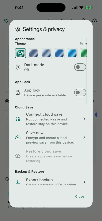 All Of Me settings and privacy screen